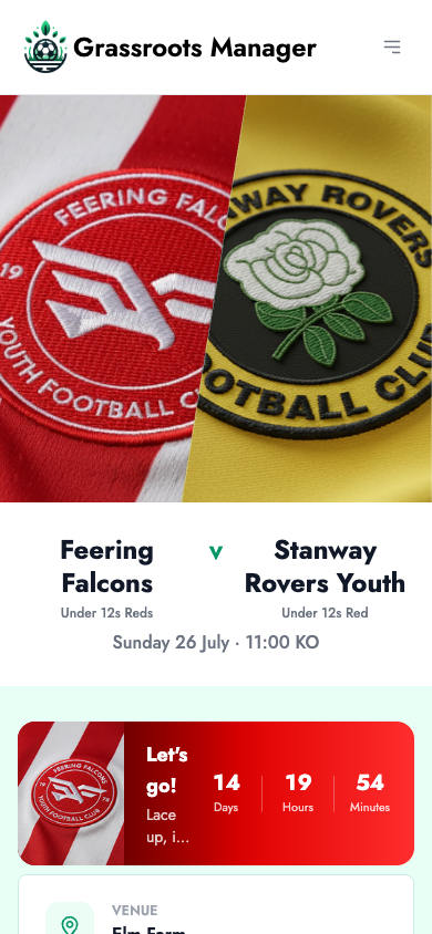 A Match Day Guide on a phone: two club crests, kick-off countdown and venue details