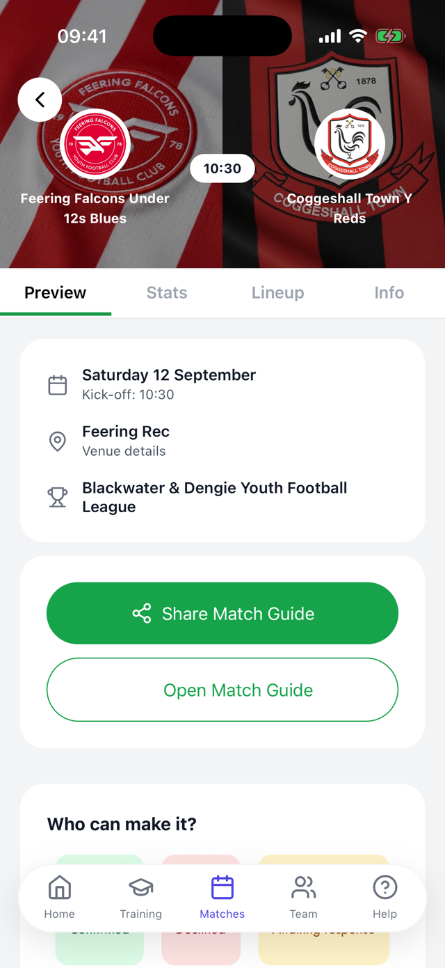 The match screen: Feering Falcons Under 12s Blues v Coggeshall Town Y Reds in the Blackwater & Dengie Youth Football League, with Share Match Guide