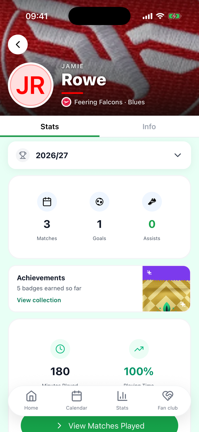 Jamie Rowe's season: matches, goals, assists, badges earned, minutes played and playing time