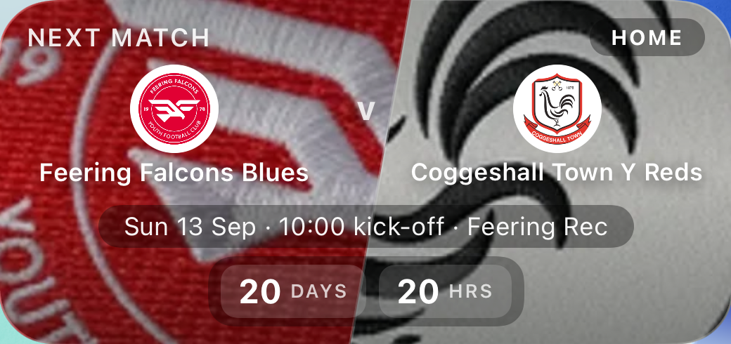 The Next game widget: two club crests on club fabric, kick-off details and a countdown